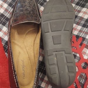 Dark brown loafers.  Comfortable.